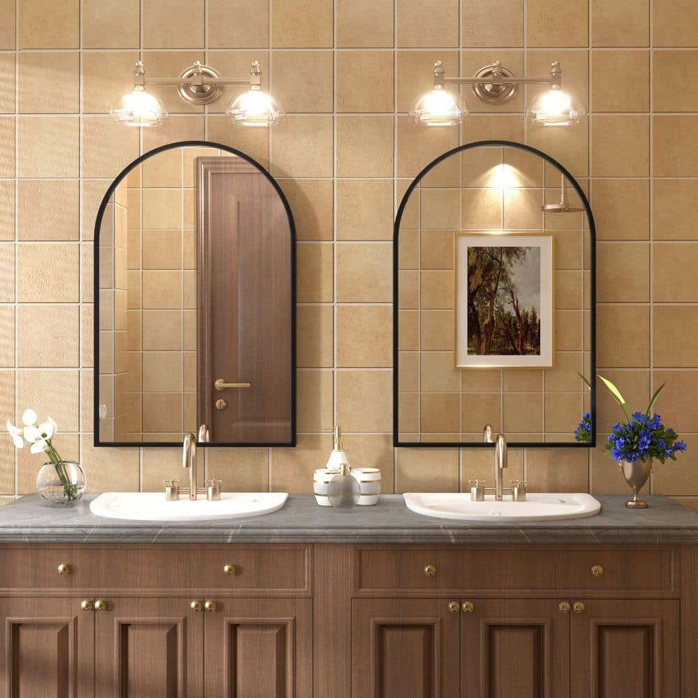 2 Pieces 20 in. W x 30 in. H Arch Aluminum Alloy Framed and Tempered Glass Wall Decor Bathroom Vanity Mirror in Black price history on PriceWatchPro