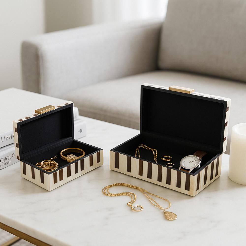12 in. and 14 in. Brown/Ivory Resin Wood Decorative Boxes with Hardware Set of 2 price history on PriceWatchPro