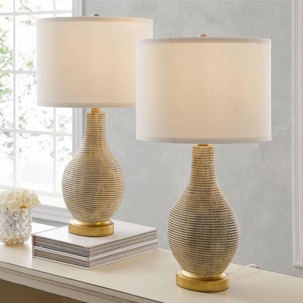 Shabby Chic Beige Lamp Light w/ Linen Shade Distressed Table Lamps 