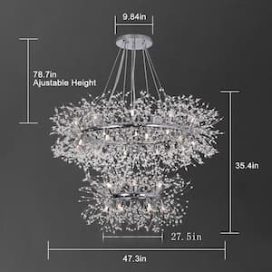 Calzada Decor 32-Light Chrome Dandelion Firework Chandelier, 2-Tier Round Pendant Ceiling Lighting