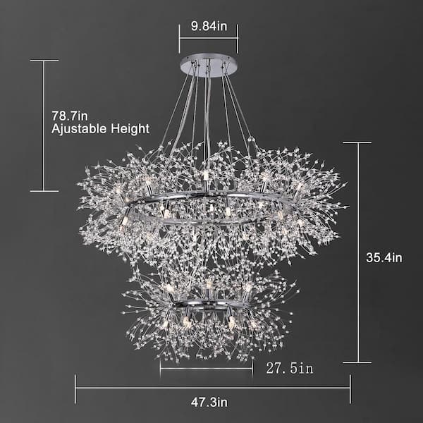 Calzada Decor 32-Light Chrome Dandelion Firework Chandelier, 2-Tier Round Pendant Ceiling Lighting