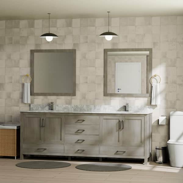 Jacques 80 in. W x 22 in. D Distressed Grey Double Bath Vanity, Carrara Marble Top, and 30 in. Mirrors