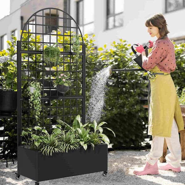 SpassWay Arch Metal Planter Box with Trellis with Wheels Black AHD