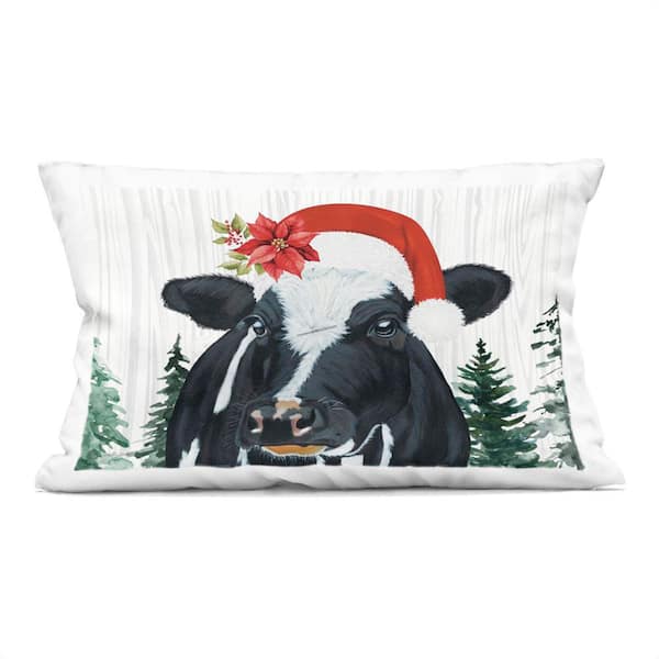 Stupell Industries Christmas Hat Cow Portrait Black Abstract Polyester 14 in. X 20 in. Throw Pillow