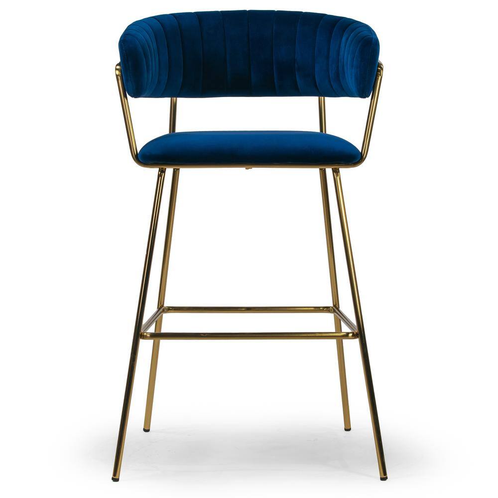 Aurora Blue Velvet 30" Bar Stool with Golden Metal Legs - Set of 2