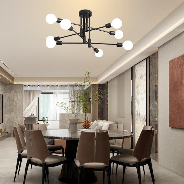 Deyidn 8-Light Vintage Black Linear Sputnik Chandelier Semi Flush