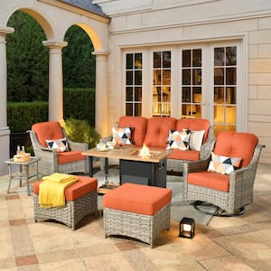 Denver 7-Piece Wicker Outdoor Patio Conversation Sofa Set with Swivel Chairs, a Storage Fire Pit and Red Cushions