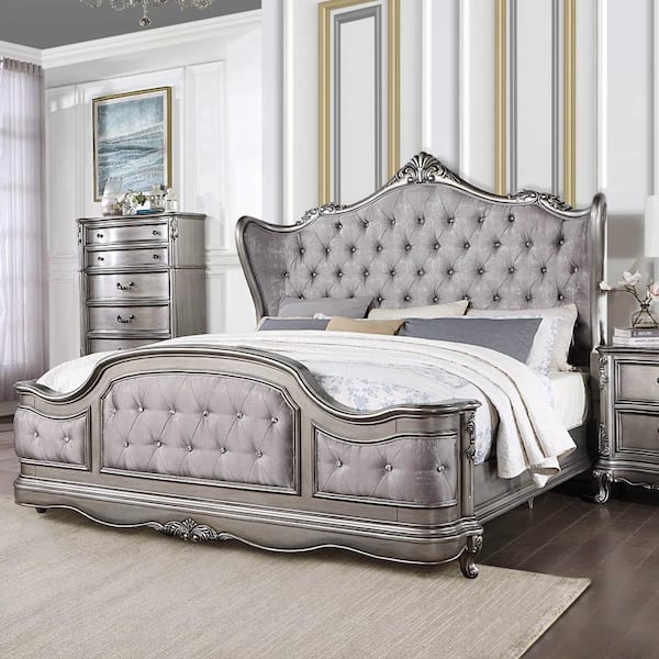 Acme Furniture Ariadne Gray Composite Bed Frame Mounted King Platform Bed Upholstered