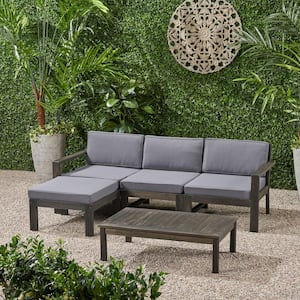 Santa Ana Wire Brushed Dark Grey 5-Piece Wood Outdoor Patio Conversation Sectional Seating Set with Dark Grey Cushions