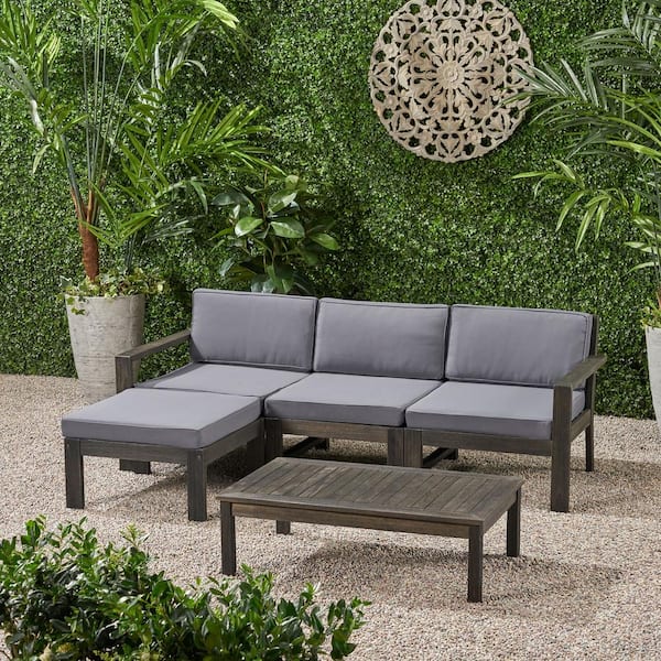 Noble House Santa Ana Wire Brushed Dark Grey 5-Piece Wood Outdoor Patio Conversation Sectional Seating Set with Dark Grey Cushions