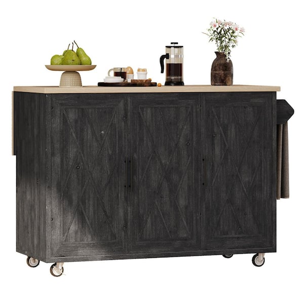 HMMHVV Black Wood 51.2 in. Tabletop Rolling Kitchen Island with Drop Leaf and Cabinet, Storage Mobile Kitchen Cart on Wheels