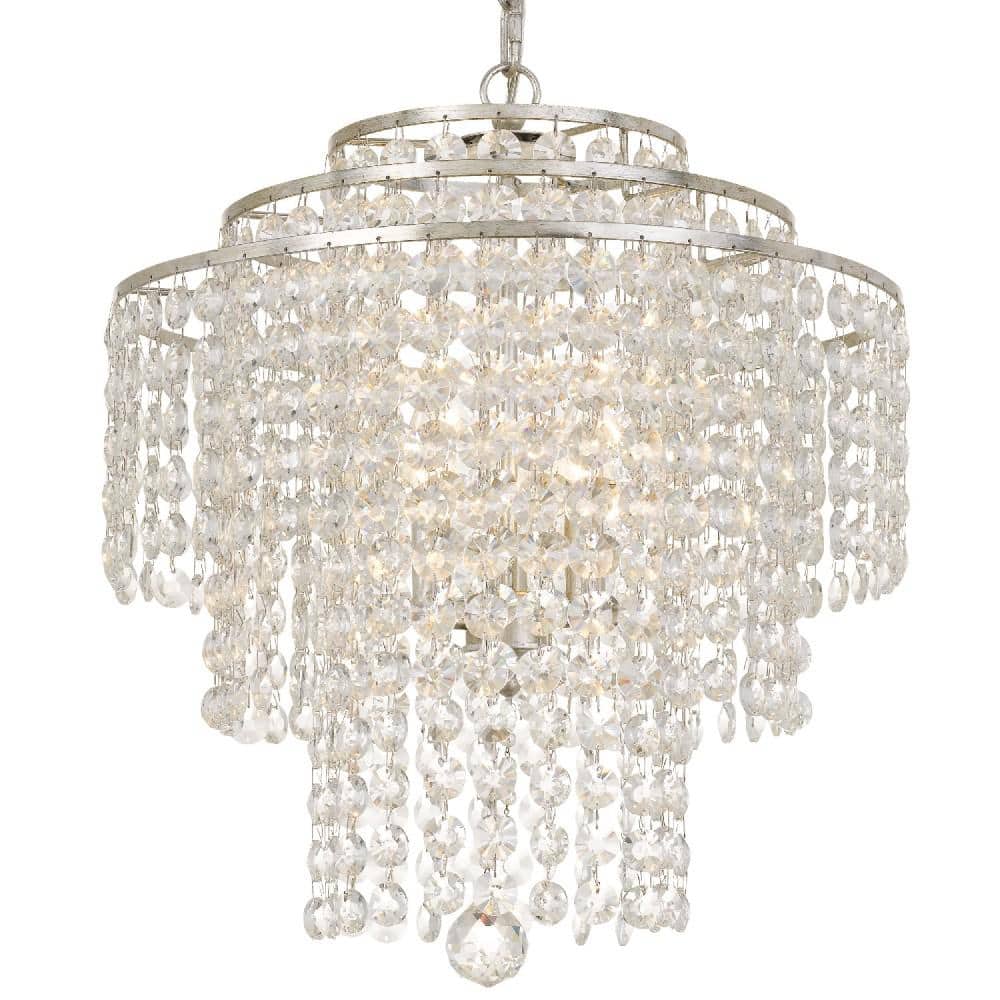 Antique Silver Mini 4-Light Crystal Chandelier with Hand Cut Beads