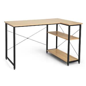48 in. Natural Wood Reversible L Shaped Computer Desk Home Office Table Adjustable Shelf