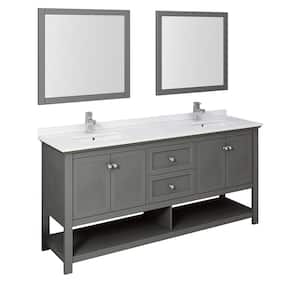 Manchester Regal 72 in. W Double Vanity in Gray Wood with Quartz Stone Vanity Top in White with White Basins, Mirrors