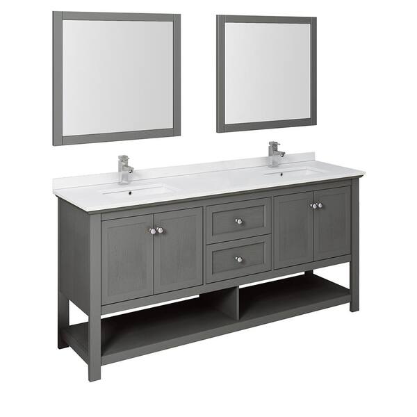 Fresca Manchester 72 in. Double Sink Shaker-Style Gray Wood Veneer Bath Vanity with White Quartz Top, Integrated Sink & Mirror
