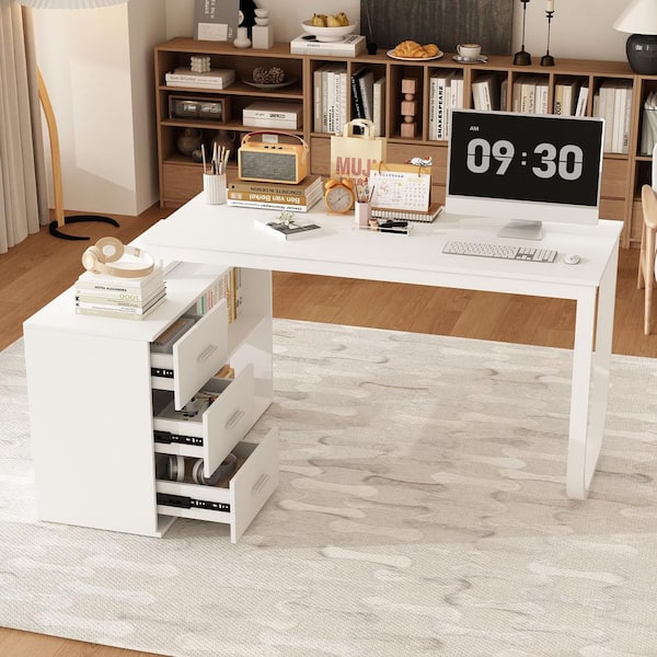 FUFU&GAGA 55.1 in. L-Shaped Wood Comp...