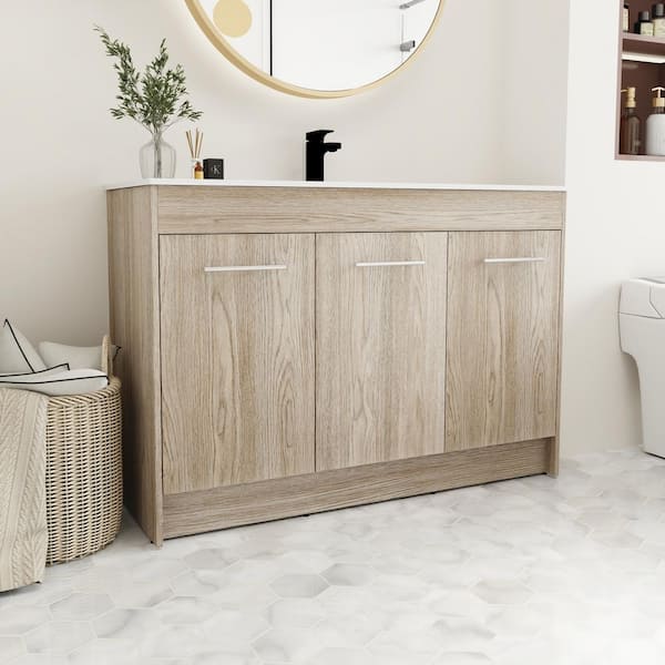 FAMYYT 48 in. W x 18.1 in. D x 33.8 in. H Freestanding Bath Vanity in White Oak with White Ceramic Top and Sink
