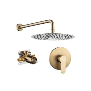 Mondawell Round 1-Spray Patterns 10 in. Wall Mount Rain Fixed Shower Head with Valved Included in Brushed Gold
