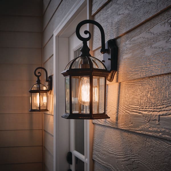 Wickford 15.4 in. 1-Light Weathered Bronze Hardwired Outdoor Wall Light Lantern Porch Sconce with Clear Glass (2-Pack)