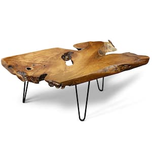 17 in. H Natural Wood Edge Teak Coffee Cocktail Table Clear Lacquer