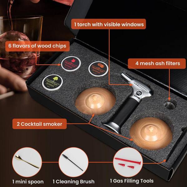 Lynzavix 6-Piece Black Wood Cocktail Smoker Kit with Torch and 6