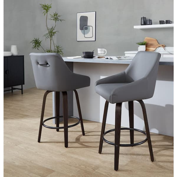 Lumisource Hannah 26 in. Walnut Glazed Wood and Dark Grey Faux Leather with Round Black Metal Fixed-Height Counter Stool (Set of 2)