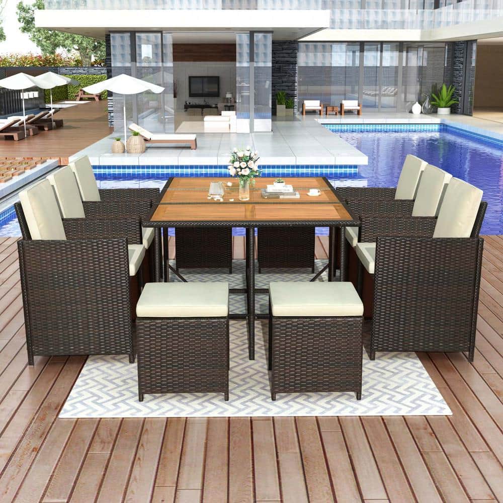 11-Piece Brown Wood Patio Outdoor Dining Sets, Outdoor Conversation Sets, E