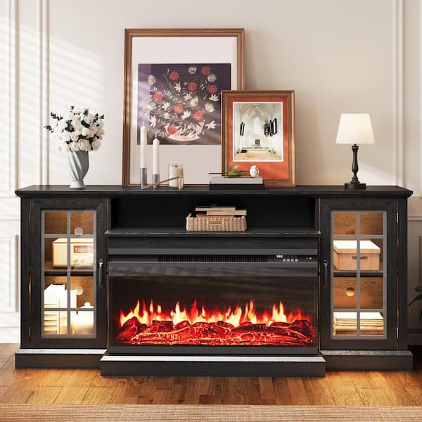 70 in. Freestanding TV Stand with 36 in. 3-Sided Glass Electric Fireplace in Black for TVs Up to 80 in.