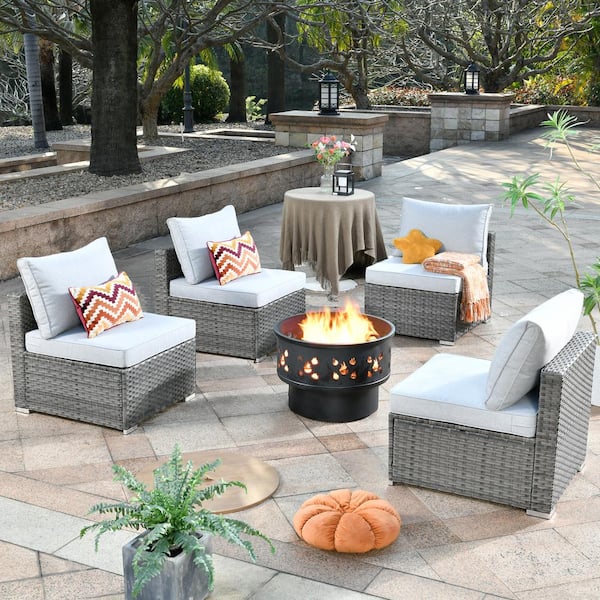 Sanibel Gray 5-Piece Wicker Outdoor Patio Conversation Sofa Set with a Wood-Burning Fire Pit and Light Gray Cushions