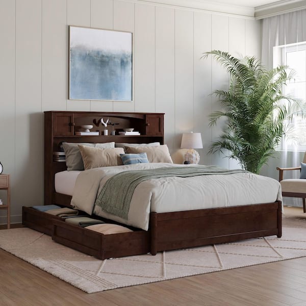 AFI Hadley Walnut Brown Solid Wood Frame Full Platform Bed with Panel Footboard and Storage Drawers