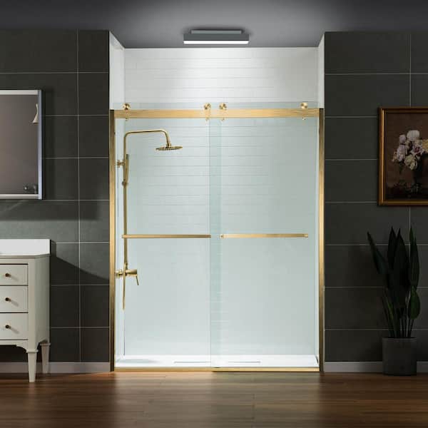 WOODBRIDGE 60 in.W x 76 in.H Double Sliding Frameless Shower Door in Gold with 3/8 in. (10 mm) Clear Tempered Glass