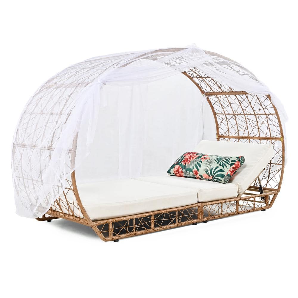 Natural Wicker Outdoor Day Bed with Colorful Pillow, Backrest Adjustable Re