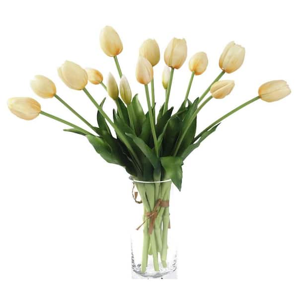 Living Room Decor Series: 15.7"H x 4.7"W Cream White 15-Piece Artificial Tulip Bouquet