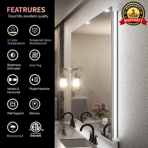 72 in. W x 40 in. H Rectangular Frameless Super Bright Backlited LED Anti-Fog Tempered Glass Wall Bathroom Vanity Mirror