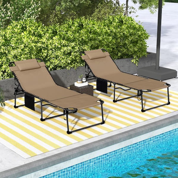 Siavonce Outdoor Folding Steel Lawn Chair with 5-Level Reclining Back, Reading Hole, Side Pockets and Headrest, Beige (2-Piece)