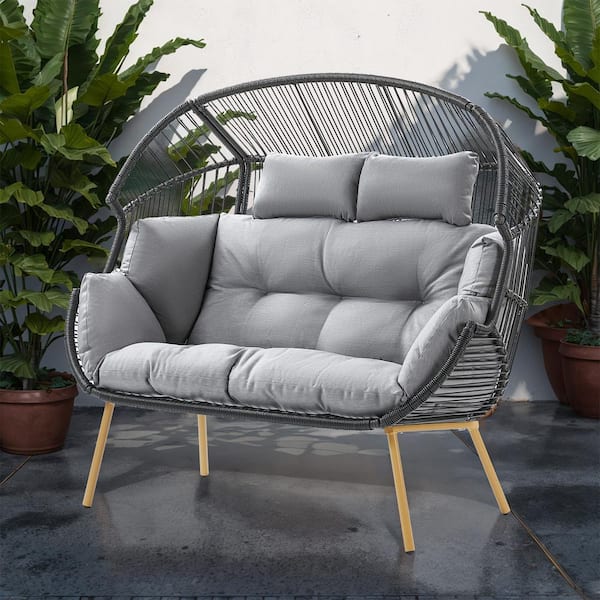 Egg Chair Dark Gray PE Wicker Outdoor Loveseat with Light Gray Cushions