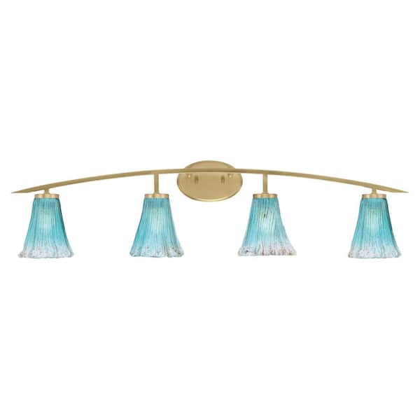Unbranded Siena 40 in. 4-Light Vanity Light New Age Brass with Teal Crystal Glass Shades