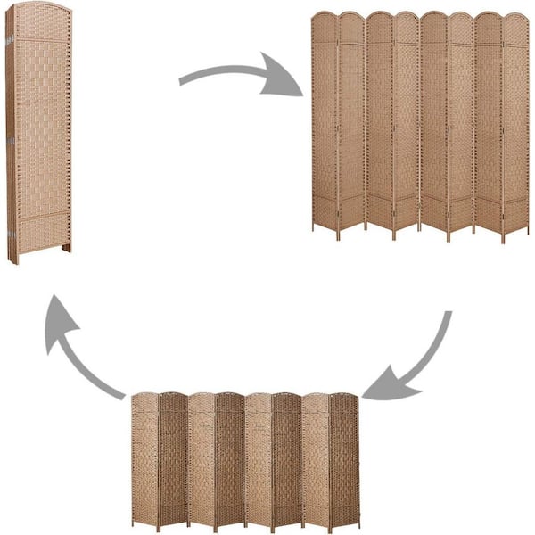71 in. Natural 8 Panel Natural Folding Room Divider, Hand-Woven Wood Frame, Privacy Screen for Living Room