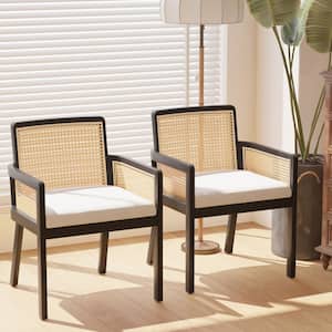 Outdoor Upholstered Rattan Accent Lounge Chair Dining Chair with Black Cushion (Set of 2)