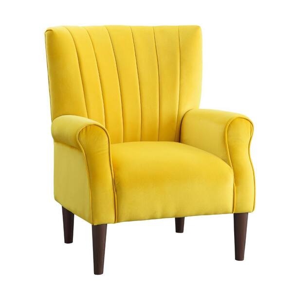 Benjara Yellow and Brown Velvet Arm Chair with Tufted