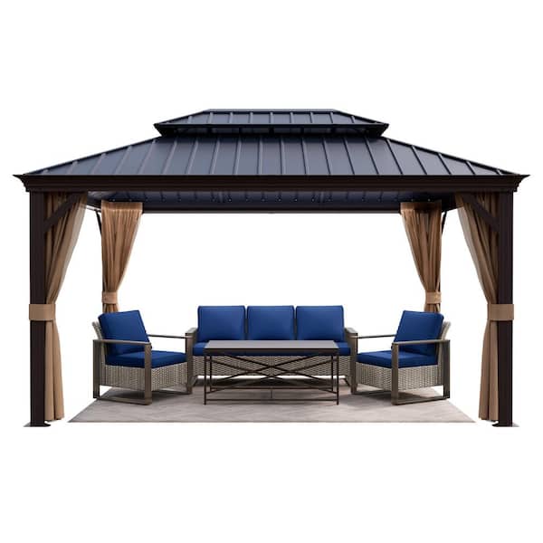 10 ft. x 14 ft. Cedar Gazebo with 4-Piece Outdoor Patio Furniture Sofa Set with Blue Cushion