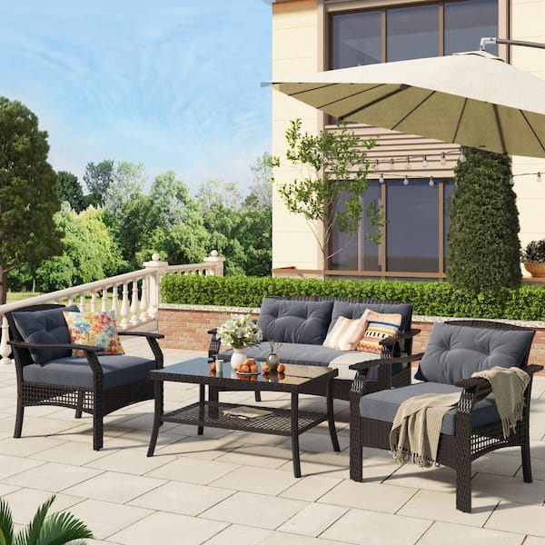Wateday Outdoor Dark Brown 4-Piece Wicker Patio Conversation Set with Gray Cushions