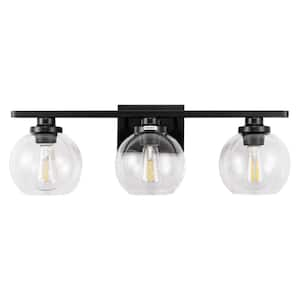 Elegant 25 in. 3-Light Matte Black Bathroom Vanity Light, Modern Farmhouse Wall Sconce with Open Globe Glass Shades