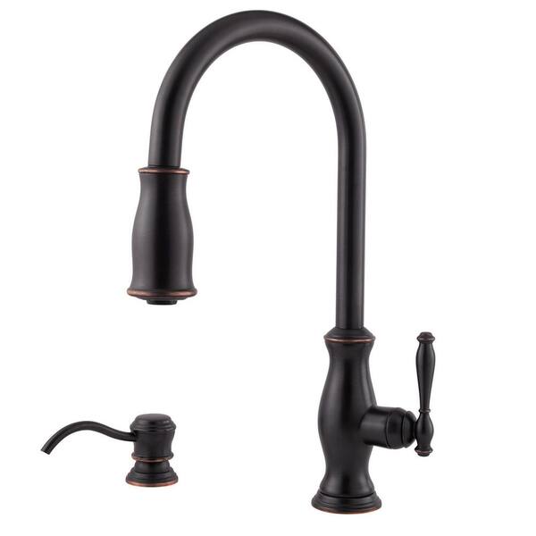 Pfister Hanover Single-Handle Pull-Down Sprayer Kitchen Faucet with Matching Soap Dispenser in Tuscan Bronze