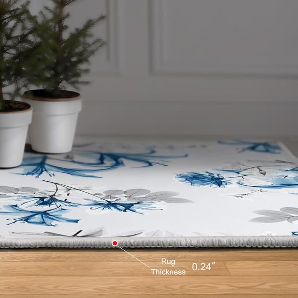 Blue White Gray 5'x8' Beautiful Flower Washable Art , Power-loomed, Heavenly Softness with Non-Slipping Backing Area Rug