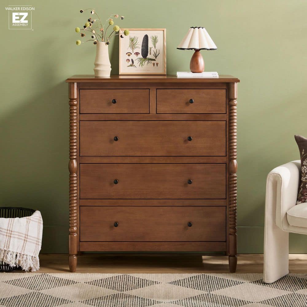 Walker Edison Furniture Company Modern Farmhouse Easy Assembly Dark Brown 5-Drawer 41.5 in. Solid Wood Spindle-Detailing Dresser