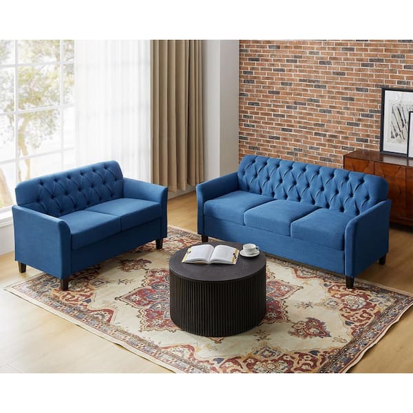 JAYDEN CREATION Eulalia 2-Piece 72.5 in. W in Rolled Arm Polyester Upholstered Transitional Nailhead Rectangle Sofa Set in Indigo