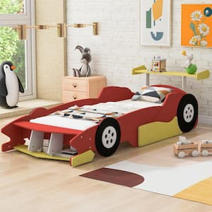 Red Twin Size Race Car-Shaped Kids Bed Platform Bed with Wheels and Shelf