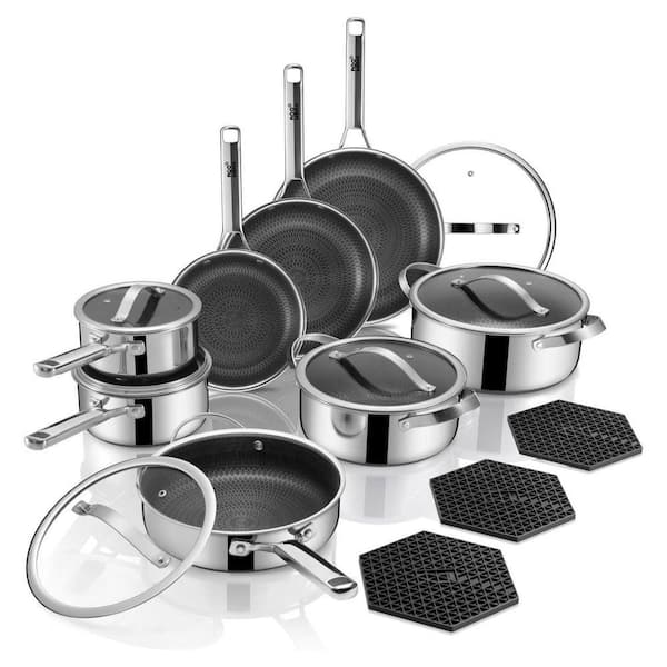 17-Piece Hybrid Stainless Steel Nonstick Tri-Ply Cookware Set Silver Dishwasher Safe Induction Compatible