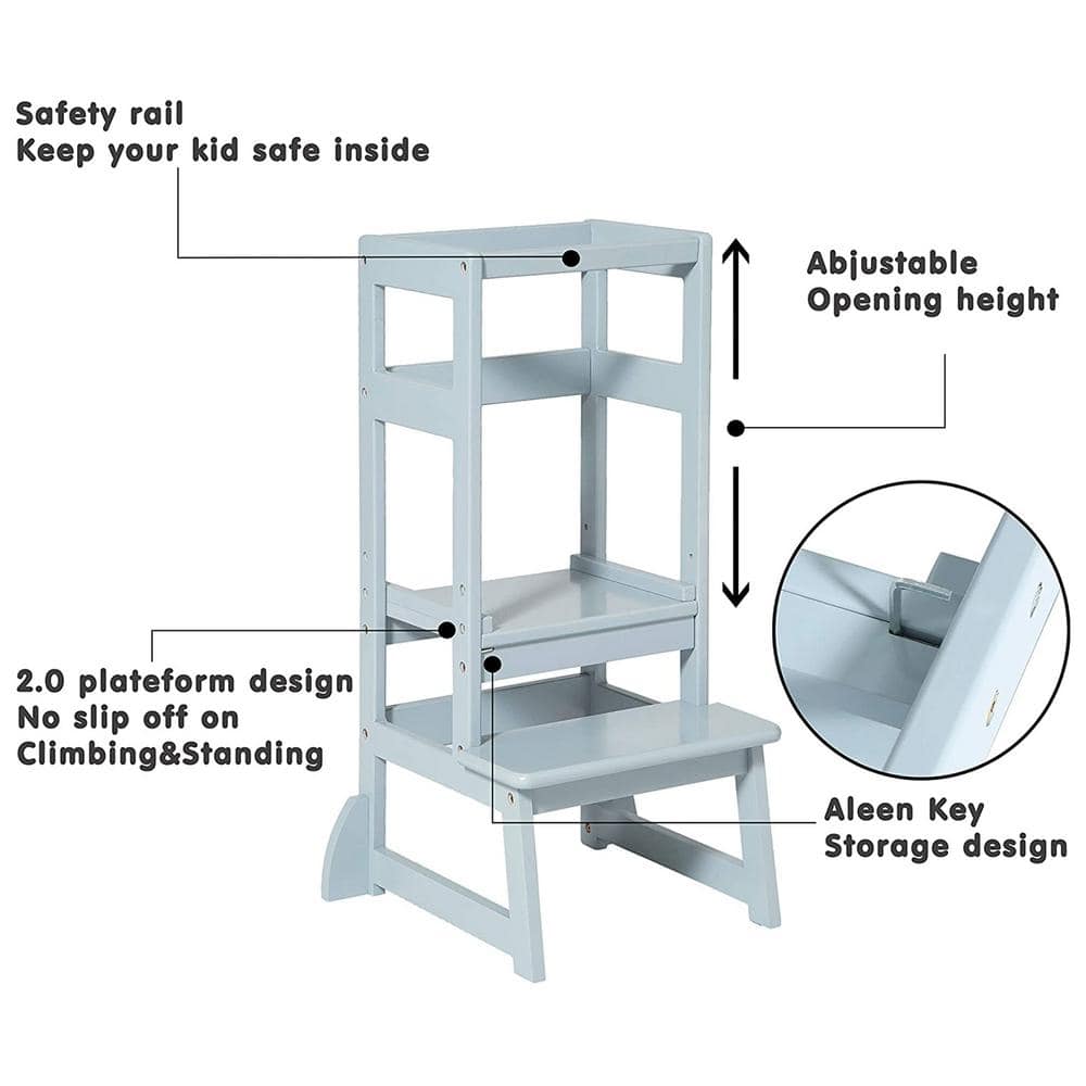 Gray Adjustable Height Wooden Kitchen Step Stool for Kids